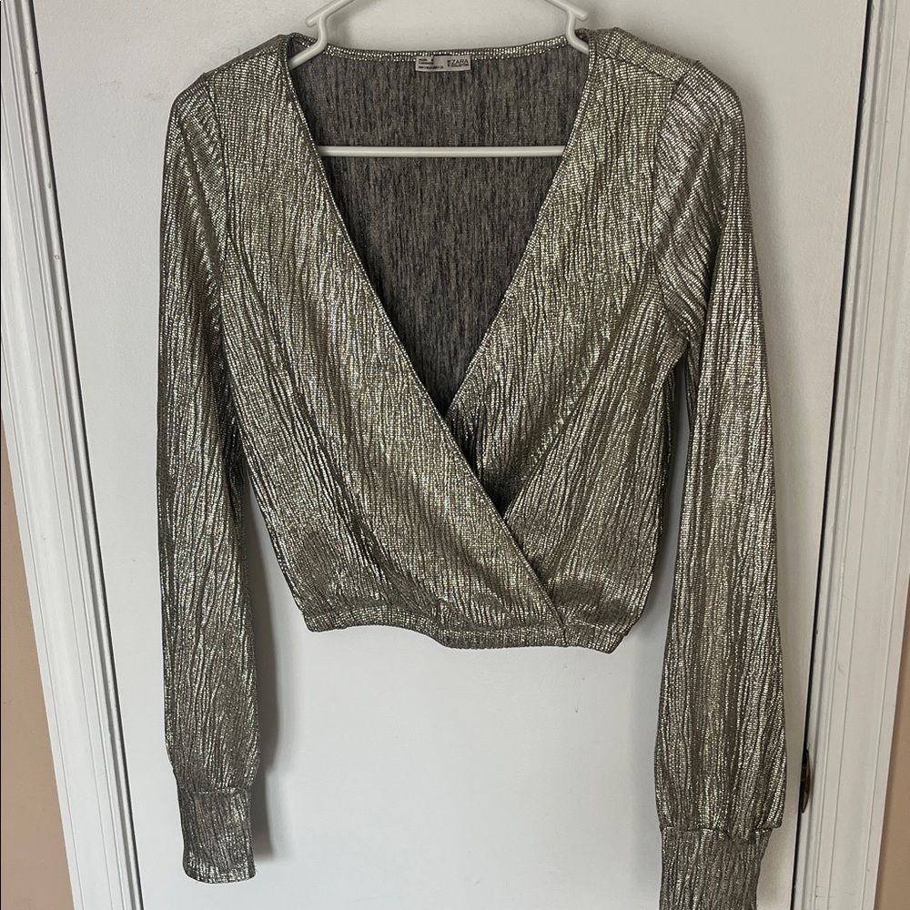 NWOT Zara Metallic Long Sleeve Wrap Top size small
